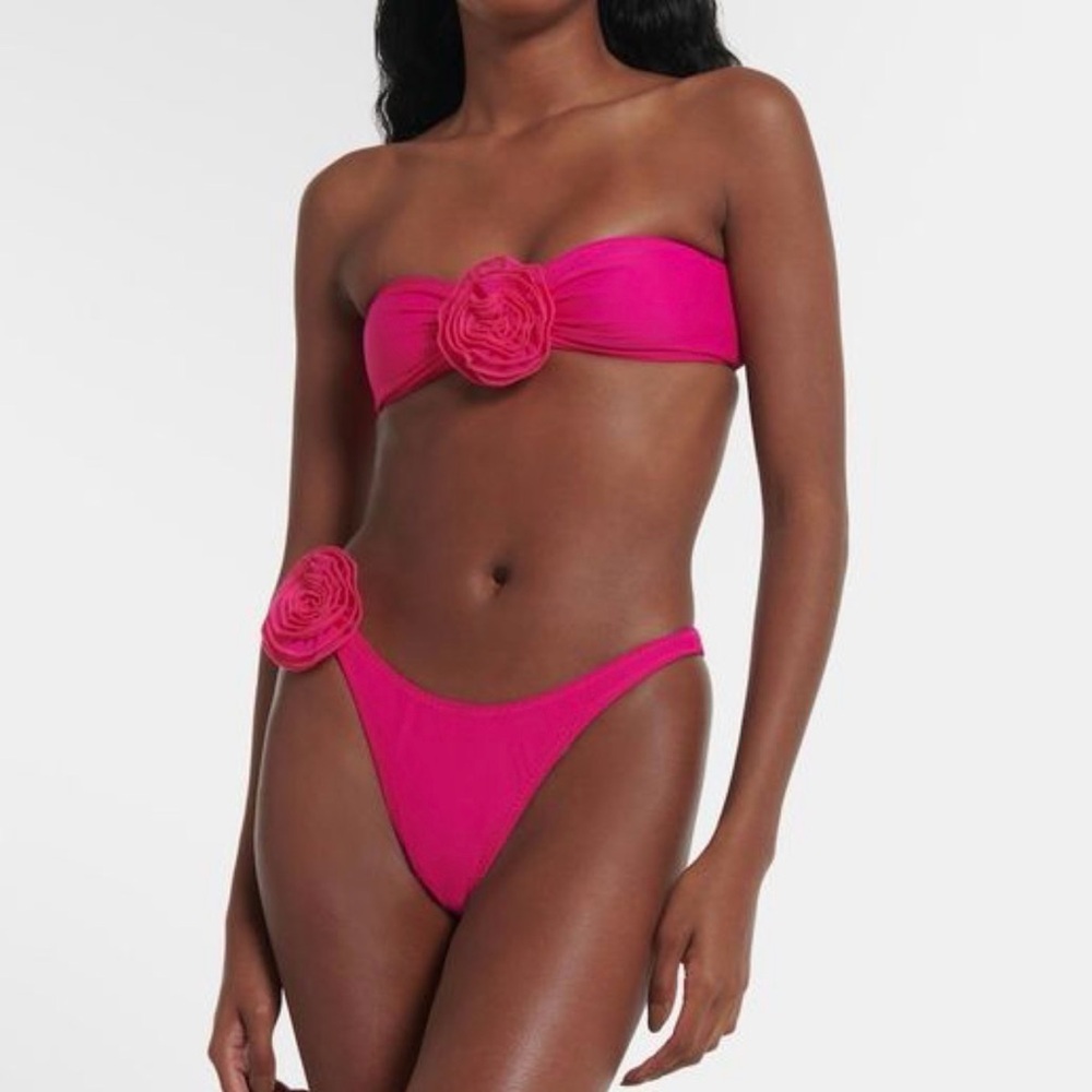Pink Bandeau Bikini Set with Orange Flower Accents